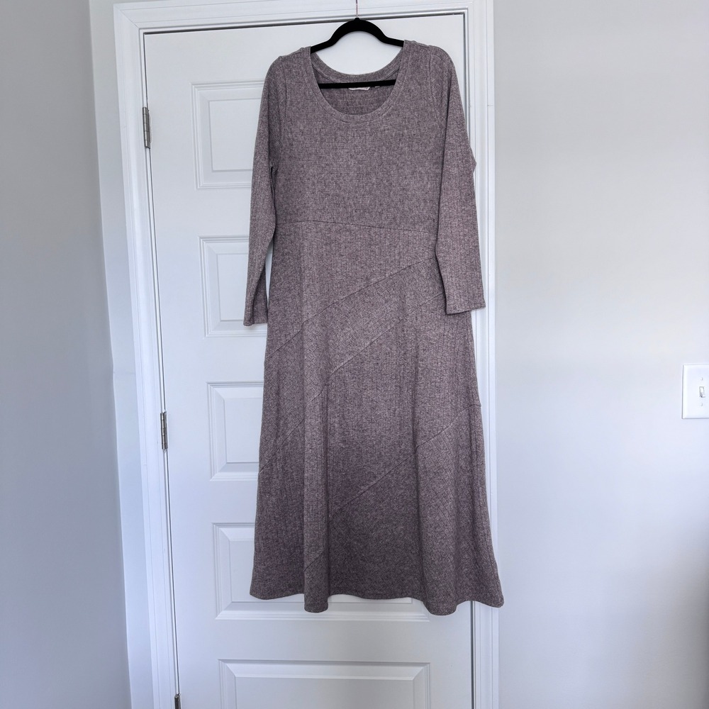 Soft Surroundings Brown Ribbed Knit Maxi Dress Long Sleeve Diagonal Seam L 2FM13